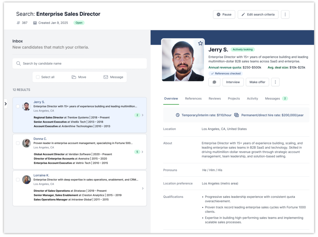 A talent profile matched in minutes for an Enterprise Sales Director search ran by an employer on AccountMakers