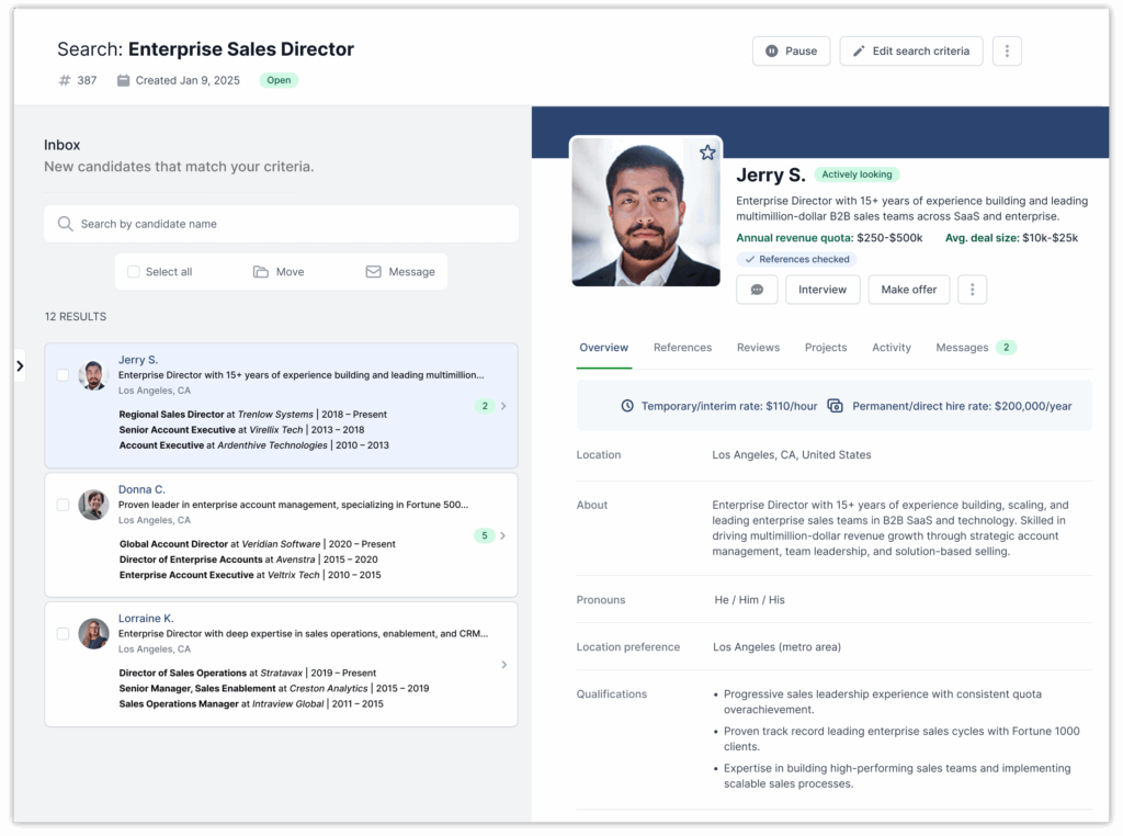Image shows an Enterprise Sales Director search with matching candidates on the left and a detailed profile on the right, including experience, rates, qualifications, and reference checks. AccountMakers allows employers to review insights, compare candidates, and take action from one place to move quickly through the hiring process.
