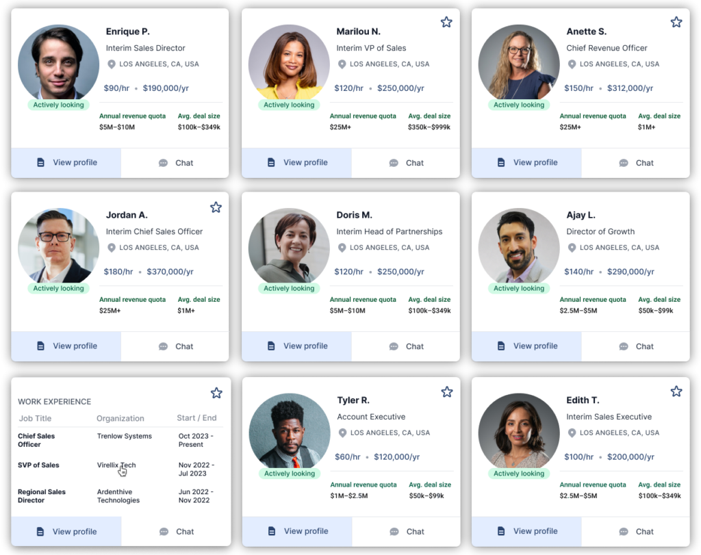 Image of profiles can be seen representing on demand executive sales talent and how to view employment details including their awards and quotas.