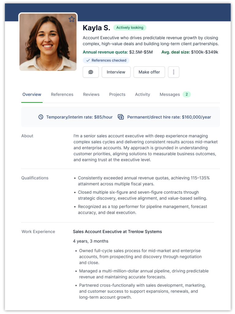 Image of a Sales Account Executive profile on the AccountMakers platform displaying revenue quota range, average deal size, interim and permanent compensation, and experience managing full-cycle sales and long-term client relationships.