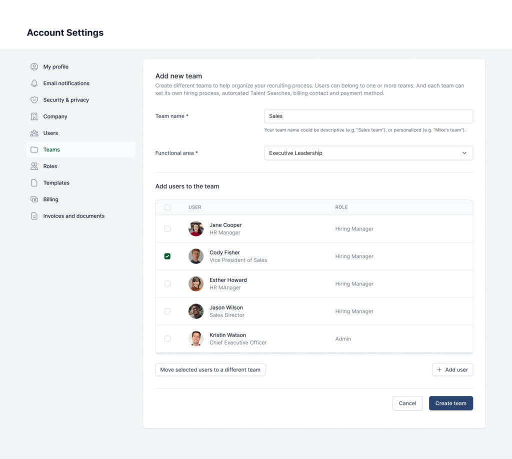 Screenshot of the AccountMakers “Add new team” settings page, showing fields to name a team, select a functional area, and add coworkers with assigned roles. The interface demonstrates how employers can organize hiring teams and invite colleagues to collaborate on recruiting tasks.
