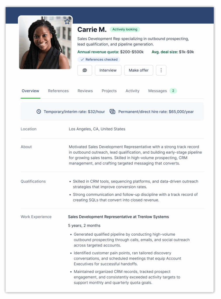 AccountMakers profile showcasing a Sales Development Representative which displays their experience, annual revenue quota and average deal size attained, and verified references to help hiring managers evaluate candidates for their open sales role.