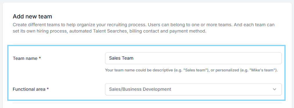 Add a team name and designate the functional area
