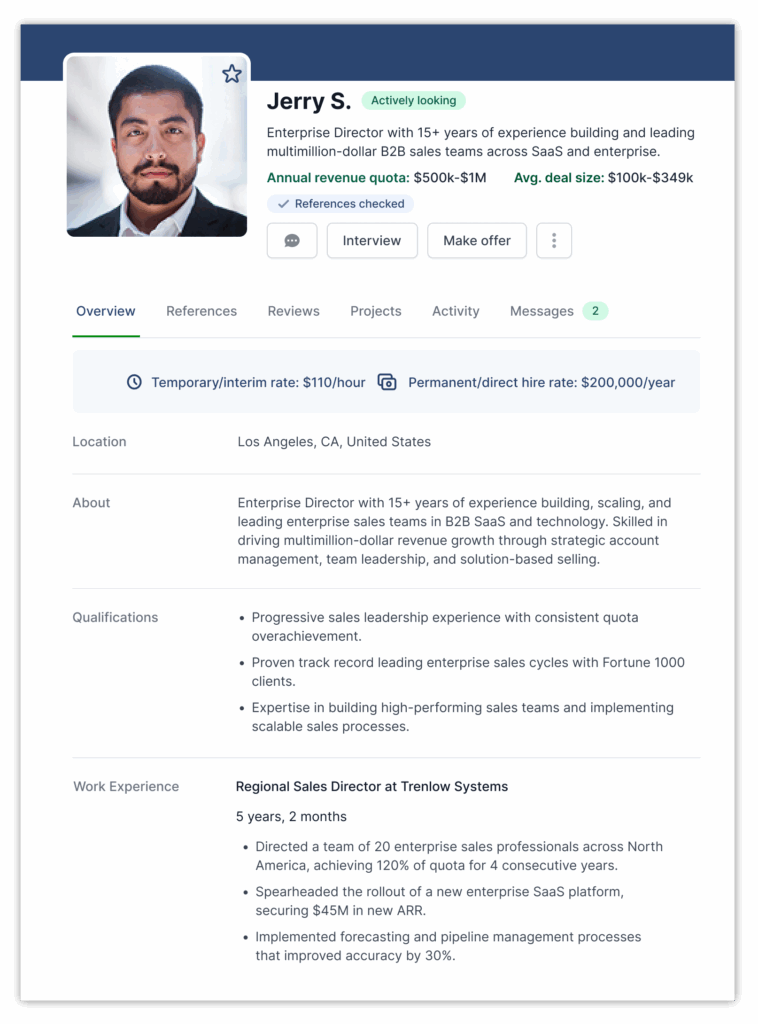 An AccountMakers executive sales profile highlighting an Enterprise Director’s experience, revenue quota and deal size accomplished, verified references, and hiring rates for hiring managers to review and engage top sales leaders quickly.