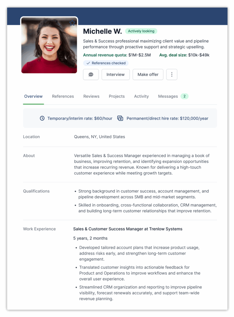 An AccountMakers customer success profile highlighting Sales & Customer Success Management experience, revenue quota and deal size accomplished, verified references, and compensation rates for hiring managers to evaluate fit against their open searches.