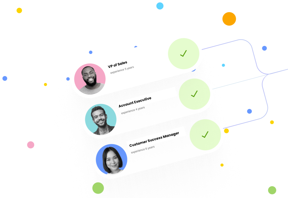 AccountMakers on-demand staffing sales talent platform for hiring. Three candidates and their photos can be seen. A VP of Sales, Account Executive, and Customer Success Manager can be seen.