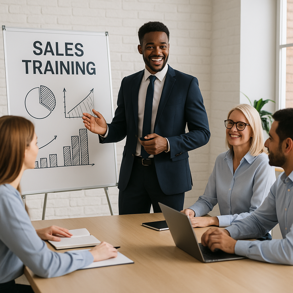 Image of person giving a sales training and three sales staff can be seen smiling in the meeting
