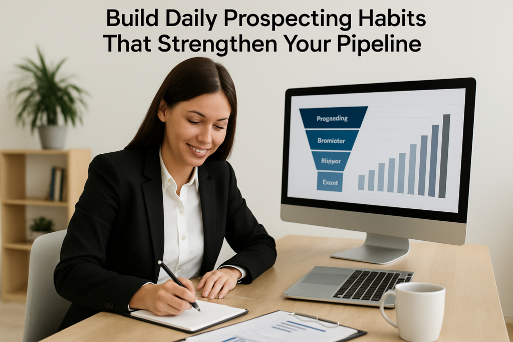Professional woman in a modern office smiling while writing in a notebook, with a sales pipeline chart displayed on her computer monitor, illustrating the concept of building daily prospecting habits that strengthen the sales pipeline.