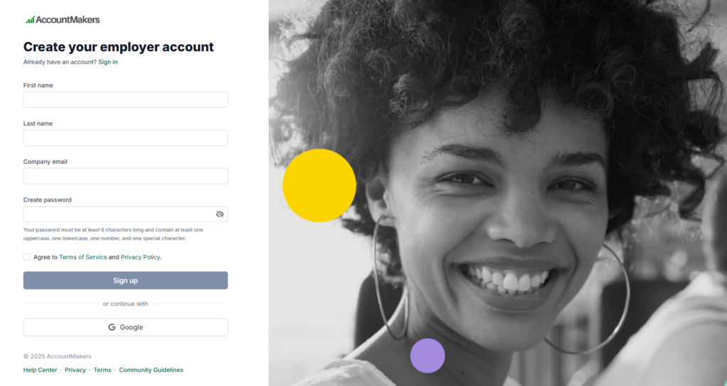 Image for the Employer quick start guide showing clients how to set up their profile and presence on the AccountMakers platform