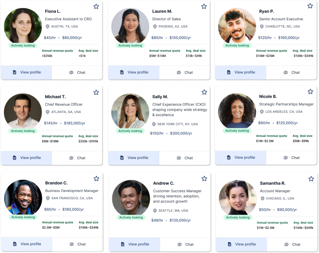 Direct Hire Sales & Customer Success Staffing Profiles on AccountMakers. Nine sales candidates can be seen from different US cities and different sales titles.