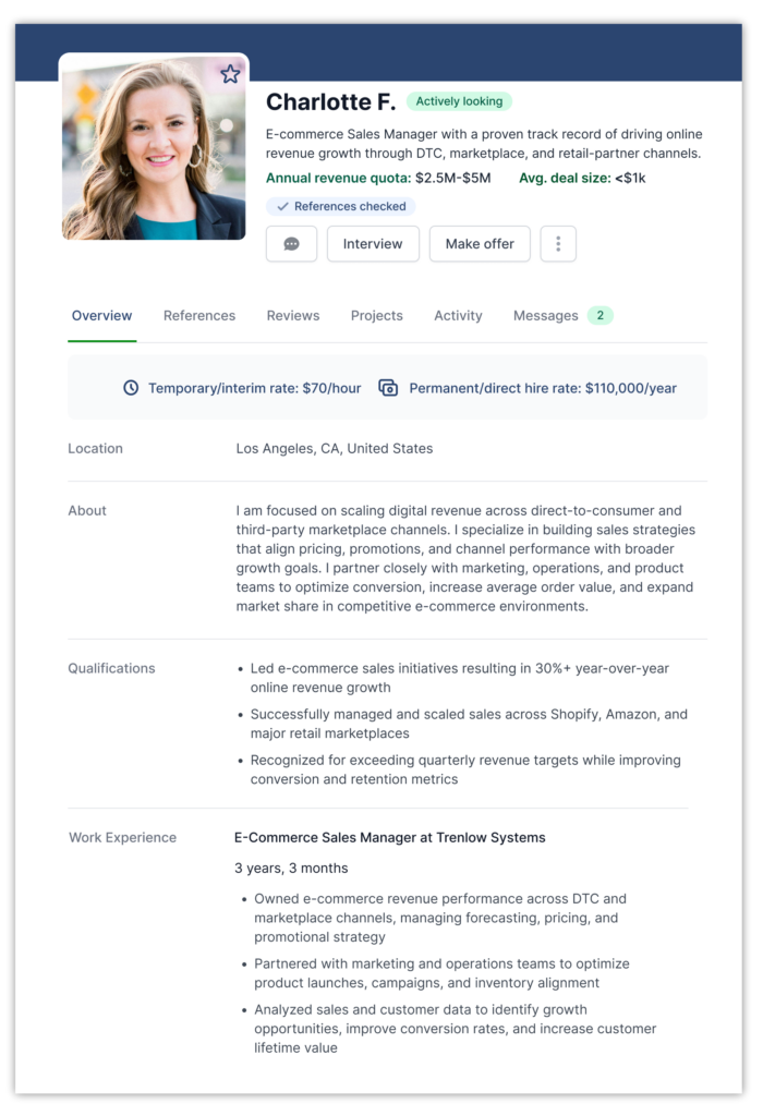 E-Commerce Sales Manager profile on AccountMakers with an active job search status, revenue quota and deal size details