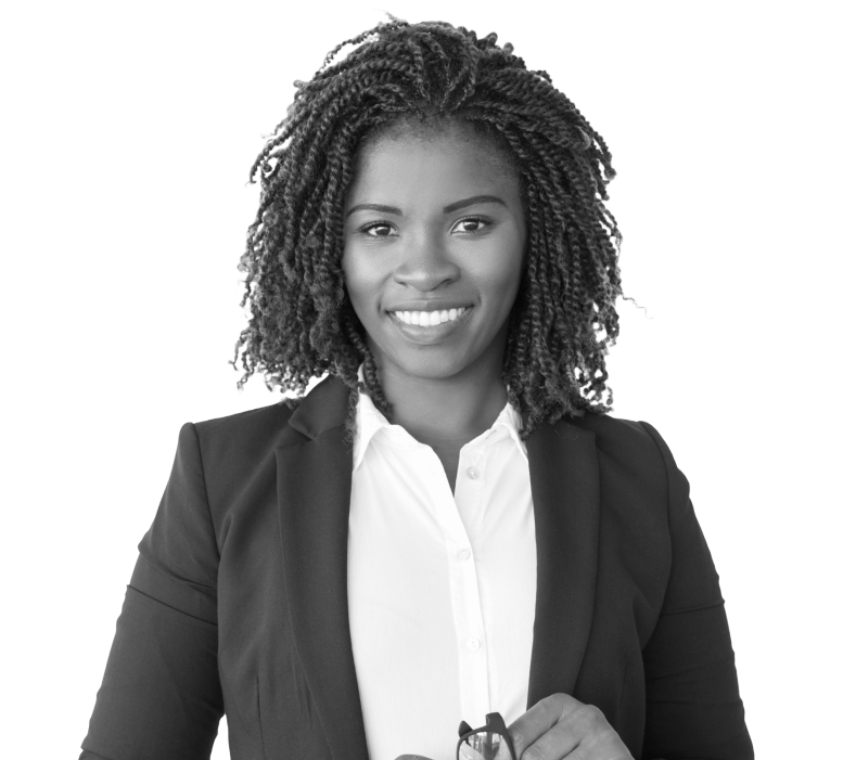AccountMakers worker smiling and holding her glasses in a building suit