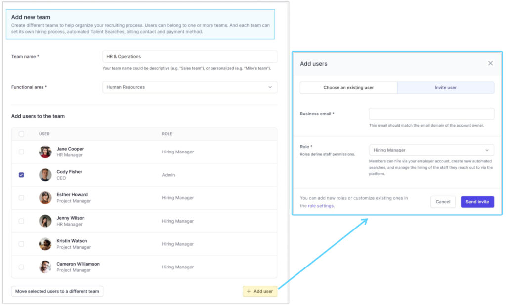 The image depicts how to add a new team in the Account Settings on AccountMakers. When you create a team, you can manage existing users or invite new ones and directly assign their role permission.