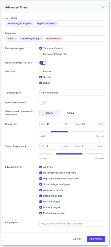 Image shows the Advance Filters pop-up which is a tool located in the Your current search tab for employers to set to narrow their search for the talent they need on AccountMakers.