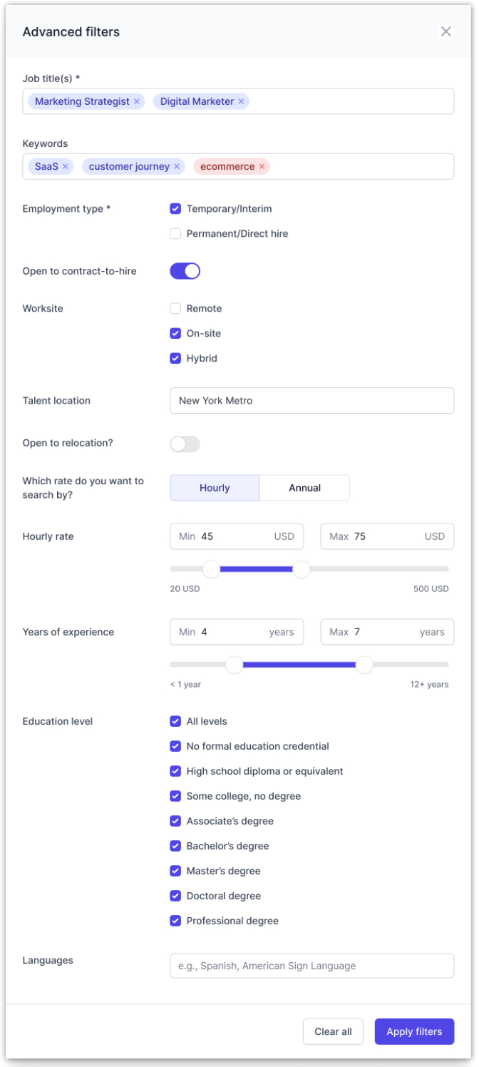 Image shows the Advance Filters pop-up which is a tool located in the Your current search tab for employers to set to narrow their search for the talent they need on AccountMakers.