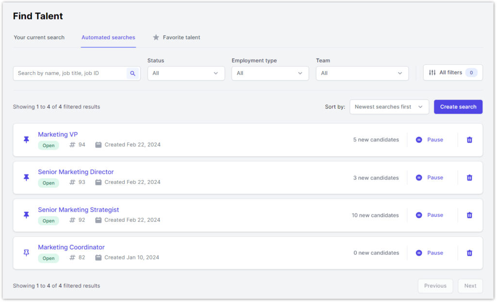 Image of the Automated searches tab under Find Talent on the AccountMakers app. The tab allows user to manage all of their automated search folders saved and can view candidates added to their searches.