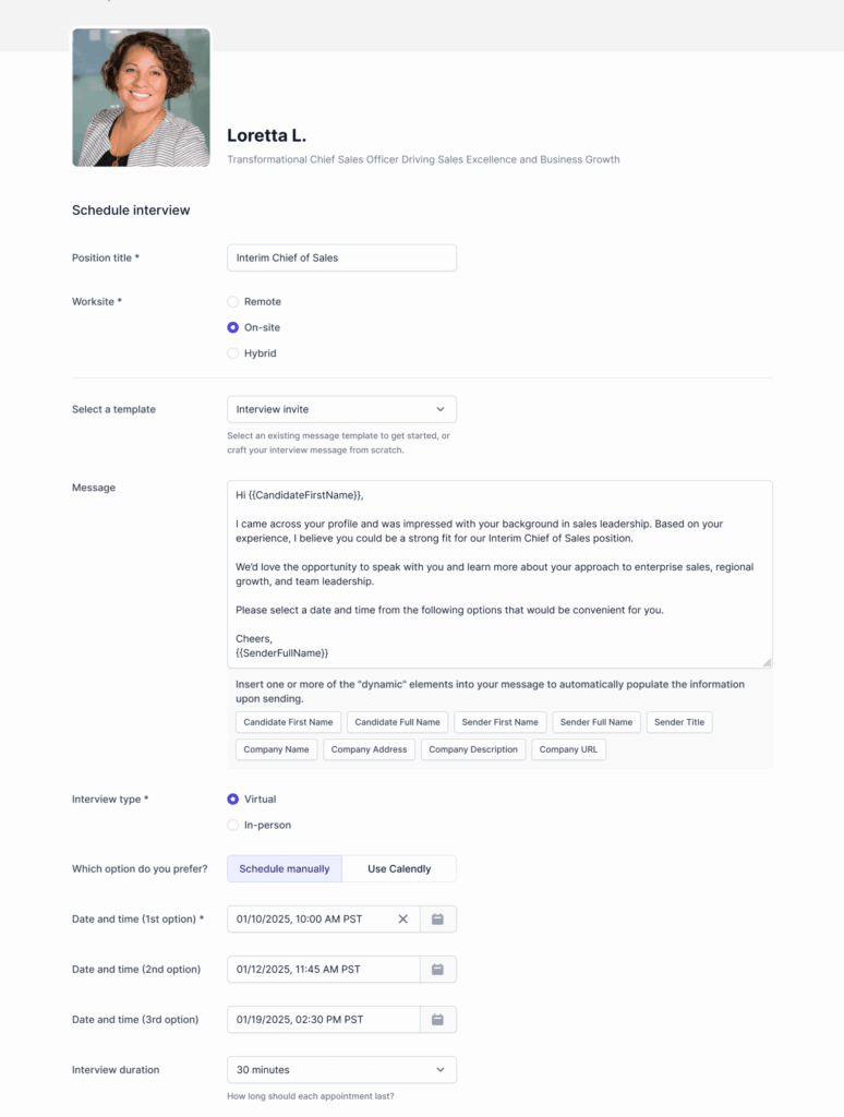 A scheduling interface for interviewing Loretta L. on AccountMakers, a candidate for the Interim Chief Sales Officer role. The interface displays options to set interview details, including worksite (remote, on-site, hybrid), interview type (virtual or in-person), scheduling method, proposed dates and times, and interview duration. A message template is shown, where the employer expresses interest after viewing the candidate’s profile and invites them to choose a convenient time. The candidate’s profile picture and headline are visible at the top.