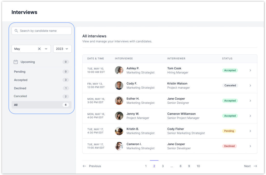 Image shows the list of interviews employers can manage on the Interviews tab of the AccountMakers platform. Employers can filter interviews by status, search by candidate, and see upcoming ones.