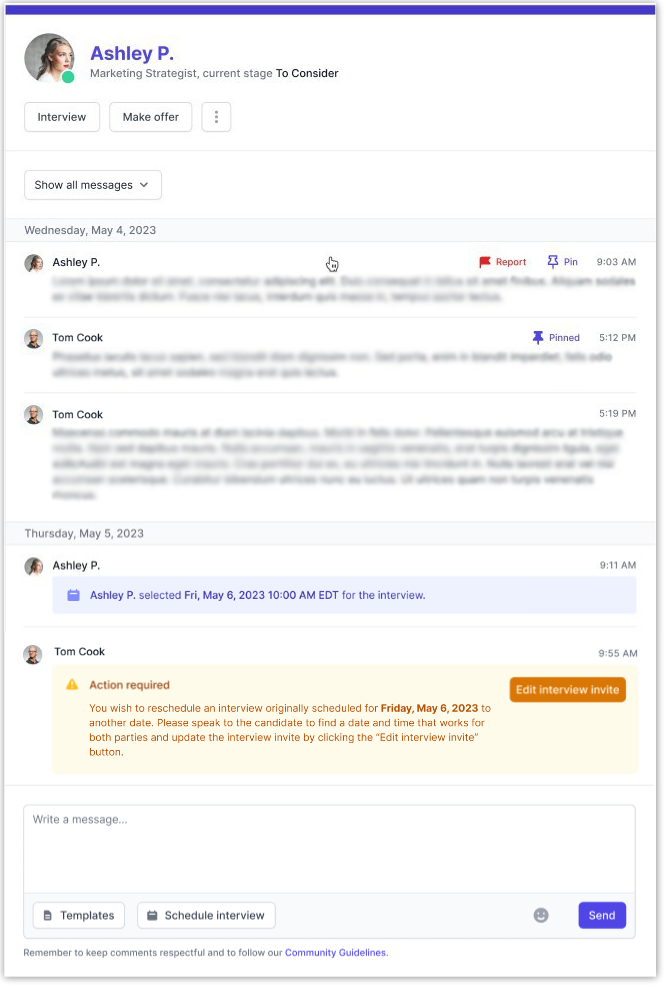 Image depicts messages between an employer and talent about scheduling an interview on AccountMakers. Employers can edit their interview invites directly in the messages.
