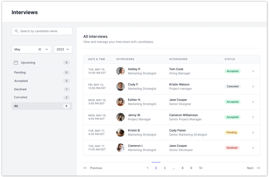 Image shows the Interviews tab of the AccountMakers platform where employers can view all their scheduled interviews and requests that are pending, declined and canceled.