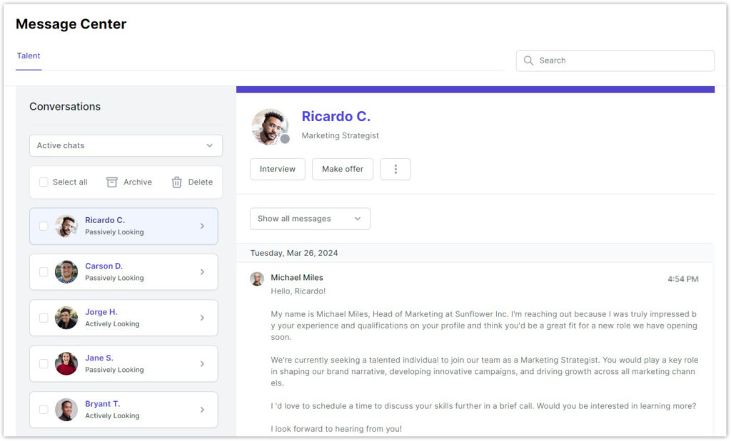 Image shows AccountMakers's Message Center for Employers. Employers can go to the Message Center to view all conversations with talent.
