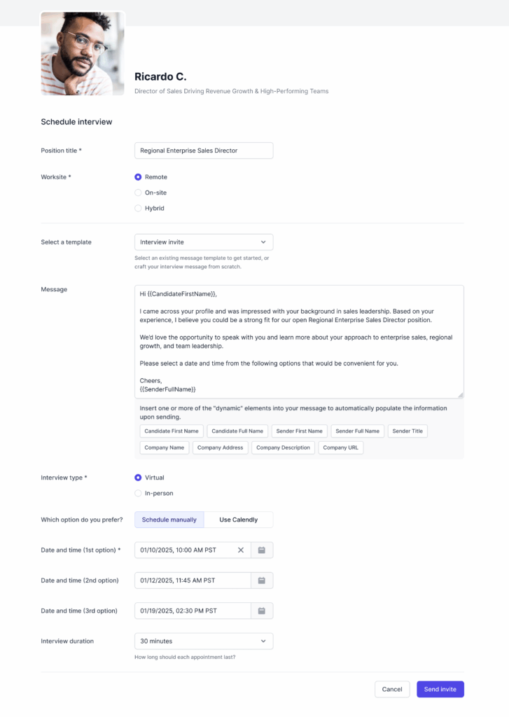 An image for the direct hire sales recruiting page of a scheduling interface for interviewing sales candidates like Ricardo C. on AccountMakers. A candidate for the Regional Enterprise Sales Director role. The interface displays options to set interview details, including worksite (remote, on-site, hybrid), interview type (virtual or in-person), scheduling method, proposed dates and times, and interview duration. A message template is shown, where the employer expresses interest after viewing the candidate’s profile and invites them to choose a convenient time. The candidate’s profile picture and headline, “Director of Sales Driving Revenue Growth & High-Performing Teams,” are visible at the top.
