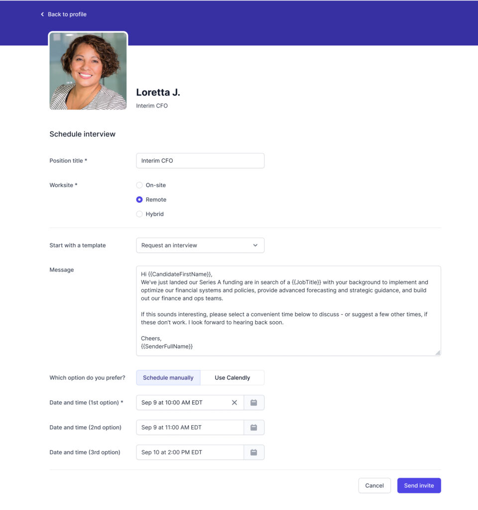 Image shows the interview request form completed on AccountMakers's platform for an interim CFO position. The interview request form includes the list of times the employer has proposed, duration of the interview, and the option to send a message to the talent.