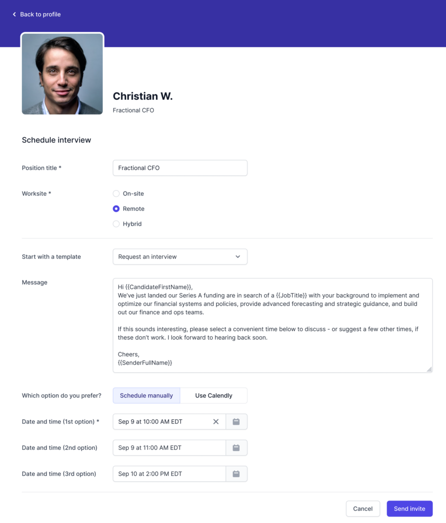 Image shows how employers can chat and schedule interviews directly with talent on the AccountMakers platform. The image depicts a messaging and scheduling interface where an employer sends a message to a candidate and can propose interview times, highlighting the simplicity and efficiency of the process.