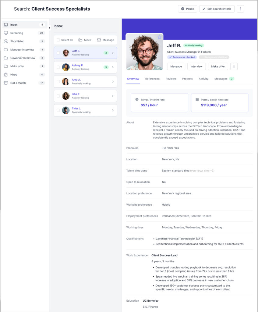 Talent profile in inbox