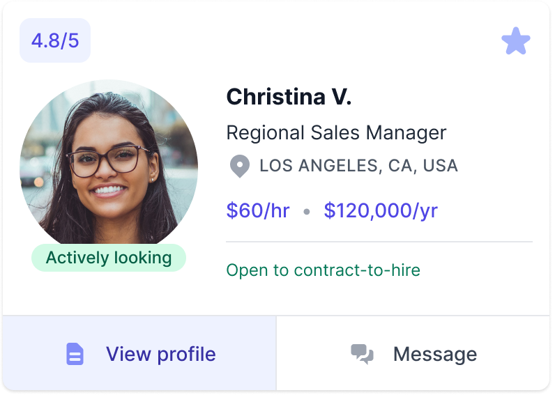 Image shows an example of a preview of a talent profile on AccountMakers. The preview shows a profile preview for Christina V. , specialized in Regional Sales and is based in Los Angeles who is actively looking for jobs.