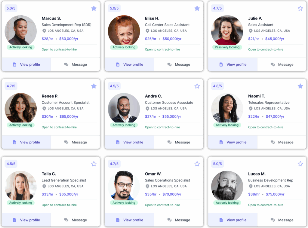 An image for the on-demand temporary staffing services page of 9 candidate profile previews for temporary roles in Sales displayed in a grid layout on the AccountMakers platform. Each profile preview includes a profile photo, name, role title, location (Los Angeles, CA), hourly and annual pay expectations, availability status, and rating.
