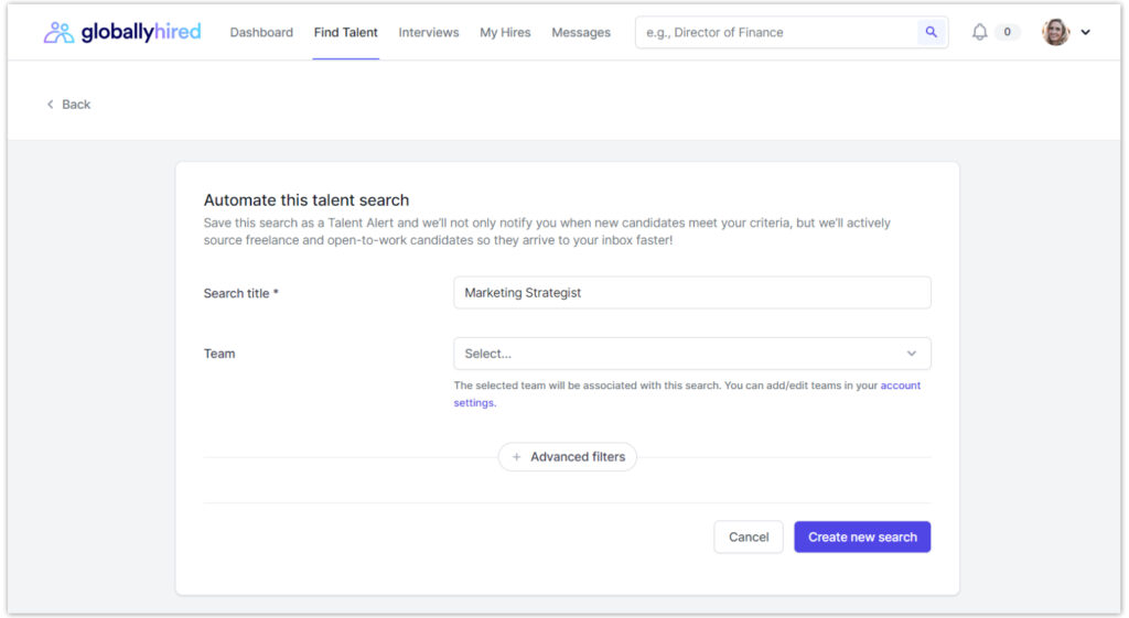 Image shows the screen that appears after the employer clicks "Automate this Search" button located in the "Your Current Search" tab where employers can search AccountMakers's local to national talent pool and use filters to set their criteria and refine their talent preferences.
