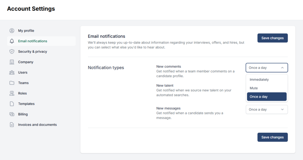Screenshot of the AccountMakers “Email notifications” settings page, showing options to manage how often you receive alerts about new comments, new talent matches, and new messages, reinforcing the ability to choose when and how you stay updated during the hiring process.