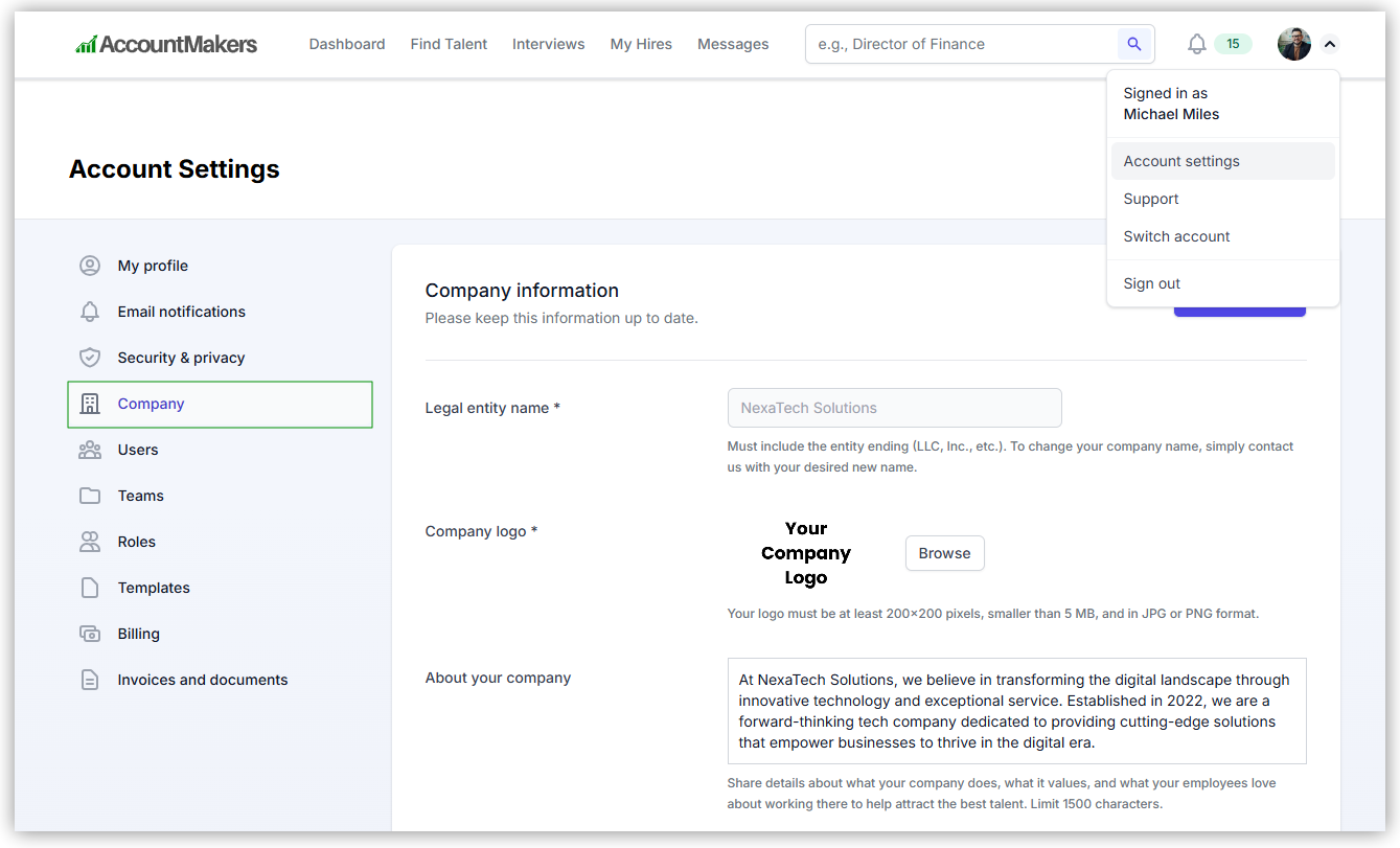 Employer goes to their Account Settings to update their Company information such as their logo, company bio, etc. on AccountMakers