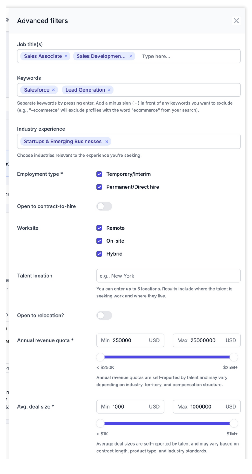 Employer narrows search for an open sales associate job with advanced filters before setting up their automated search which will send them qualified candidate matches to their inbox.