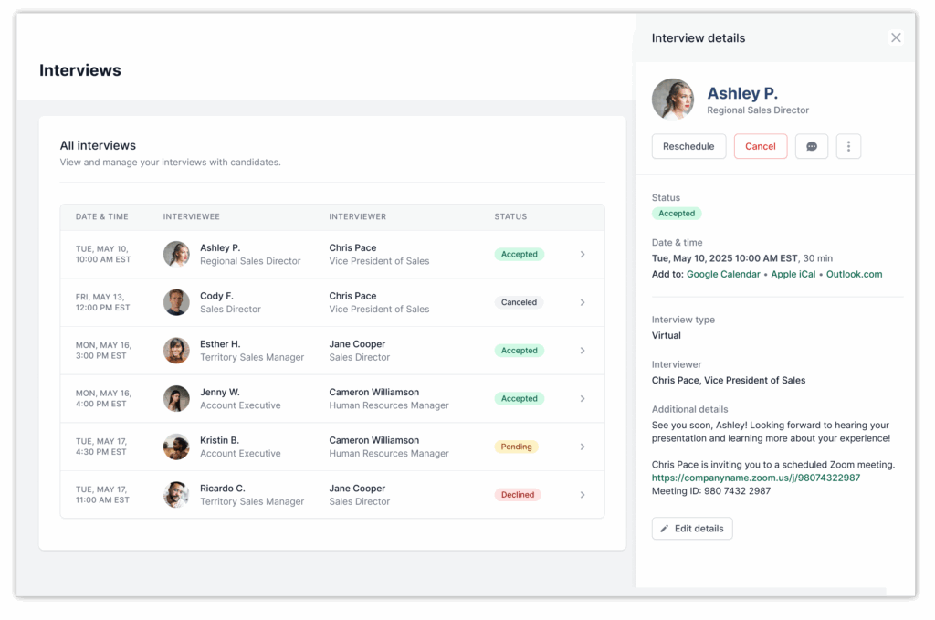 Image of AccountMakers' interview dashboard for hiring managers where they can organize and track interviews, manage scheduling, and coordinate candidate communications all in one place