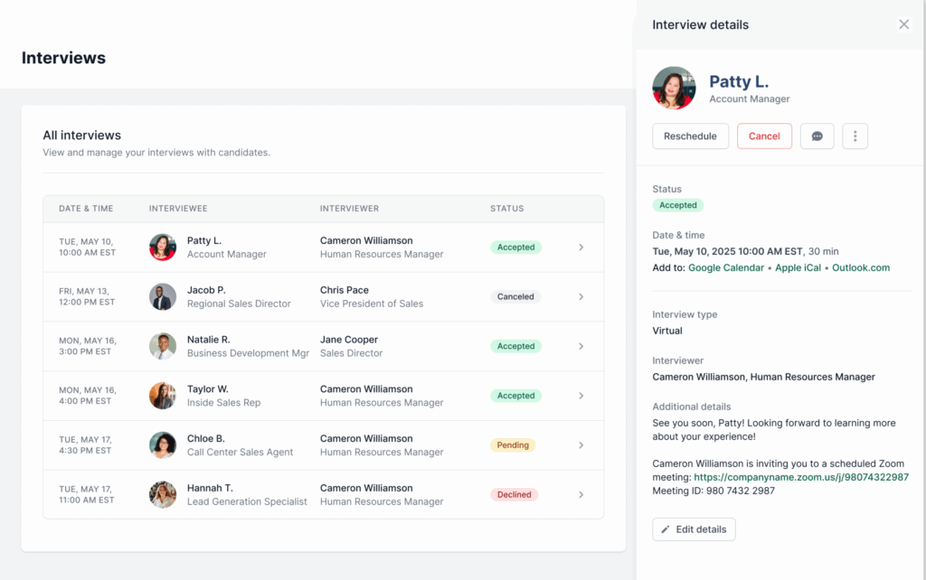 Image of AccountMakers' interview management dashboard displaying a list of upcoming candidate interviews that employers can seamlessly schedule or manage in one place.