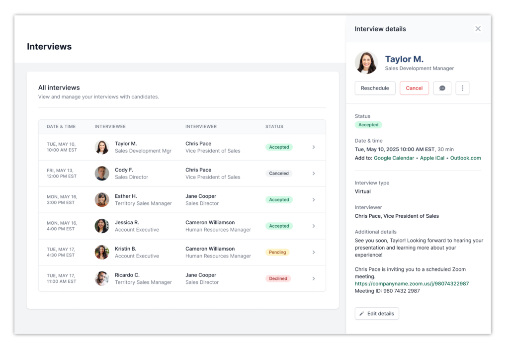 Image of AccountMakers' interview dashboard where employers can manage interview requests and confirmed meetings with candidates