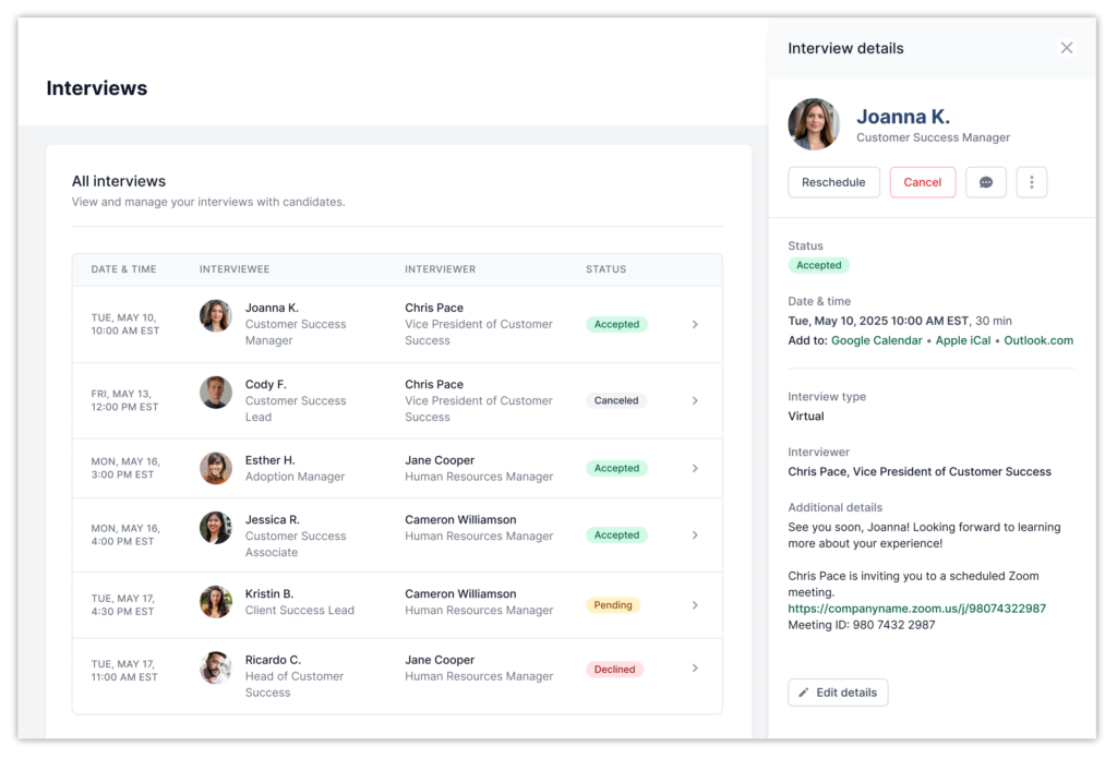 Image of AccountMakers' interview dashboard where employers can schedule meetings with candidates