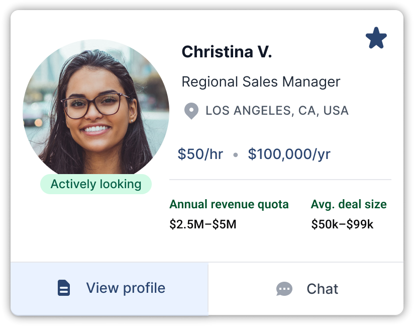 Image of a talent profile for a Regional Sales Manager in AccountMakers which displays their self-reported sales quotas, preferred compensation for employers to evaluate the talent's fit against their open jobs before engaging.
