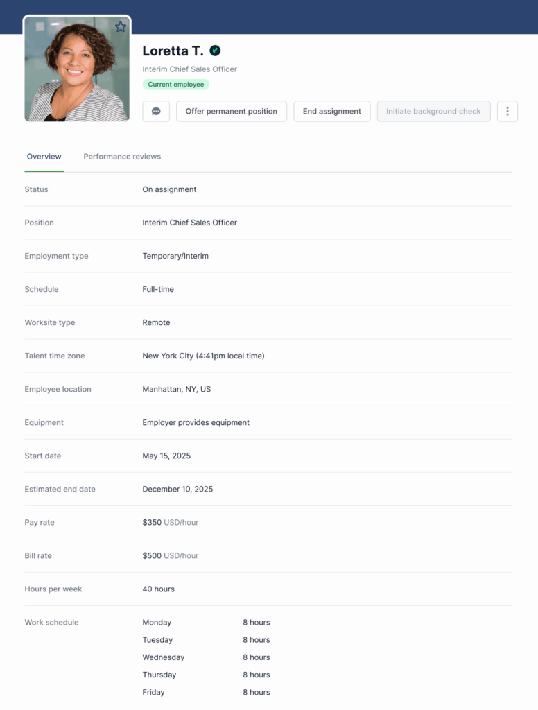 Image of an interim Chief Sales Officer hired through AccountMakers, showing assignment details such as pay rate, schedule, and work setup, giving hiring managers clear visibility into hours and costs, along with full control and flexibility over the engagement.