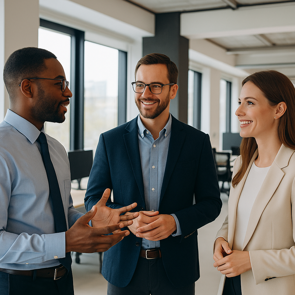 Image of three people standing in a office talking about sales training blogs