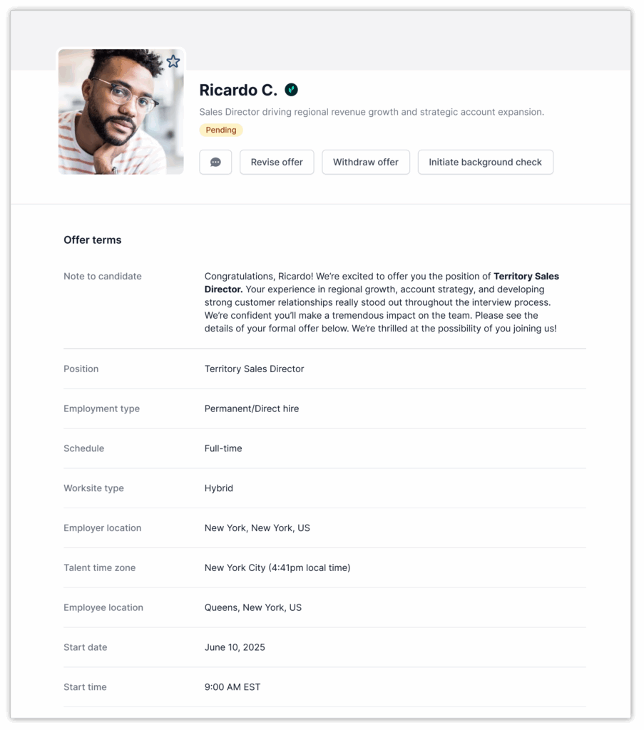 Image showing a candidate offer details where a hiring manager can review details, adjust terms, or take next steps on AccountMakers