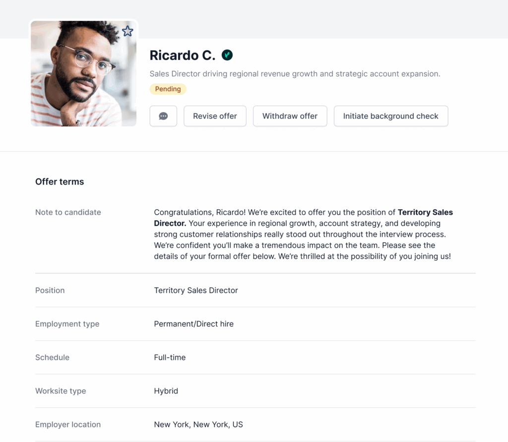 Image showing a candidate offer details where a hiring manager can review details, adjust terms, or take next steps on AccountMakers