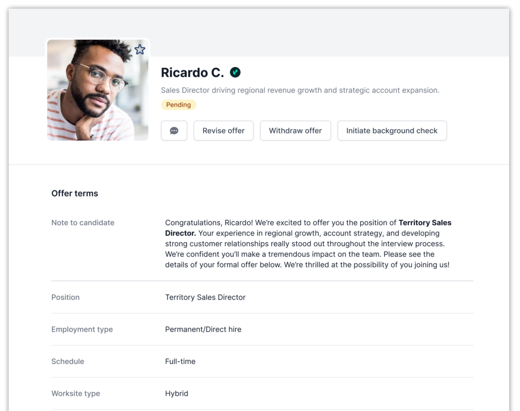 Image showing a candidate offer details where a hiring manager can review details, adjust terms, or take next steps on AccountMakers
