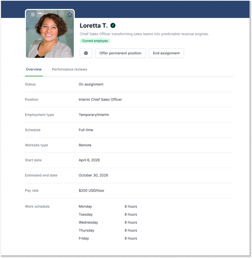 AccountMakers platform view showing assignment details for an interim Chief Sales Officer, including temporary employment status, remote work arrangement, hourly pay rate, start and end dates, and weekly schedule for a sales leadership professional placed through the AccountMakers talent network.