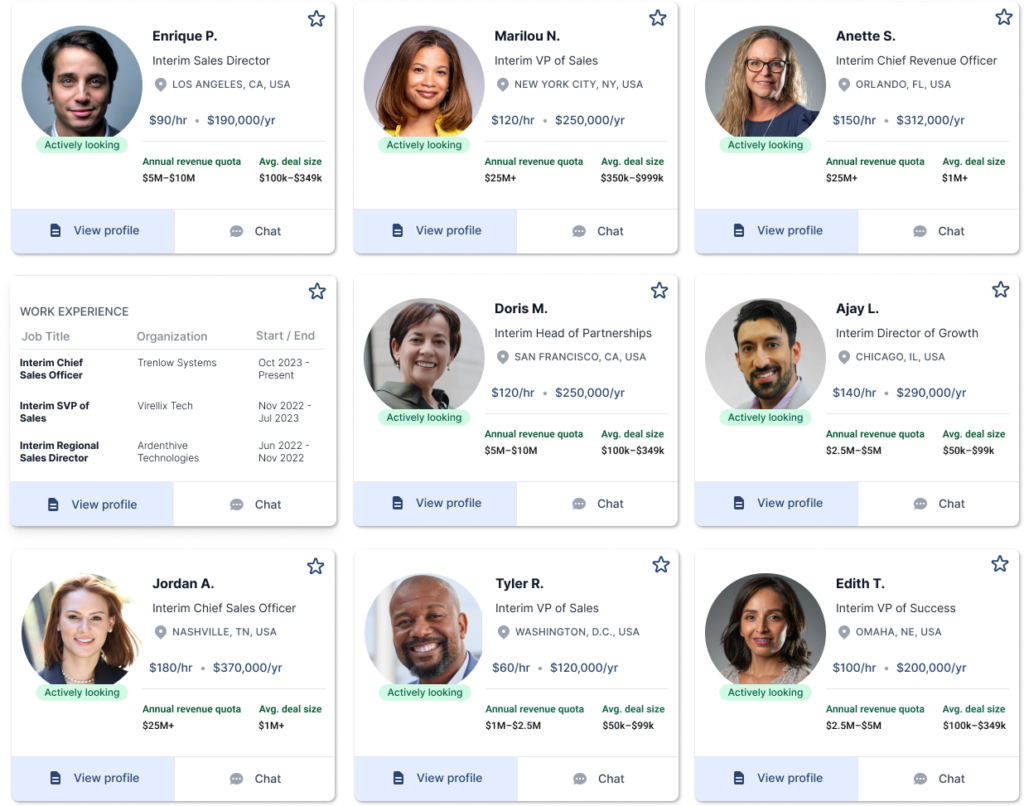 Interim Sales & Interim Customer Success Staffing Profiles on AccountMakers. Nine sales candidates can be seen from different US cities and different interim revenue titles.