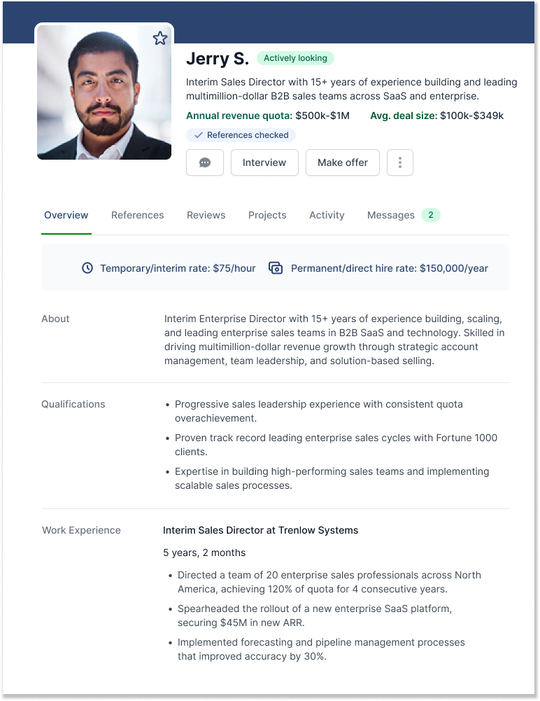 AccountMakers talent profile showing an Interim Sales Director candidate with 15+ years of experience, including revenue quota, average deal size, hourly interim rate, direct hire salary, qualifications, and work experience, with options for employers to interview or make an offer.