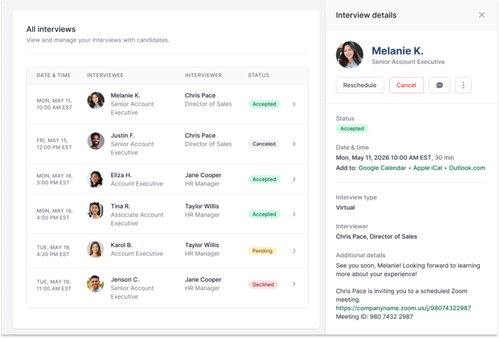 Sales hiring interview dashboard showing scheduled Account Executive interviews, candidate statuses, interviewers, and virtual interview details.