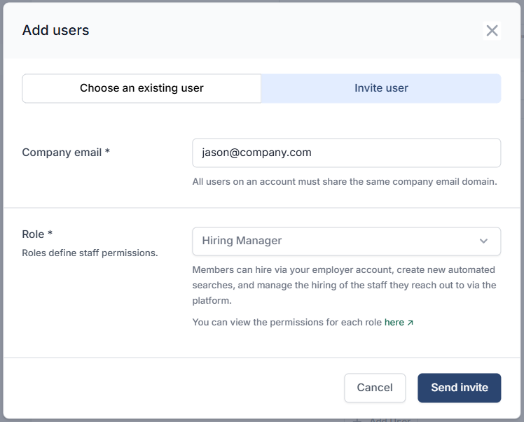 Click + Add user to invite your teammates by entering their email and assigning role permissions.